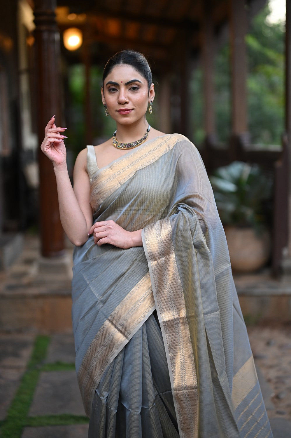 Tarang Handloom Tissue Cotton Silk Saree Gold Grey Designer Border