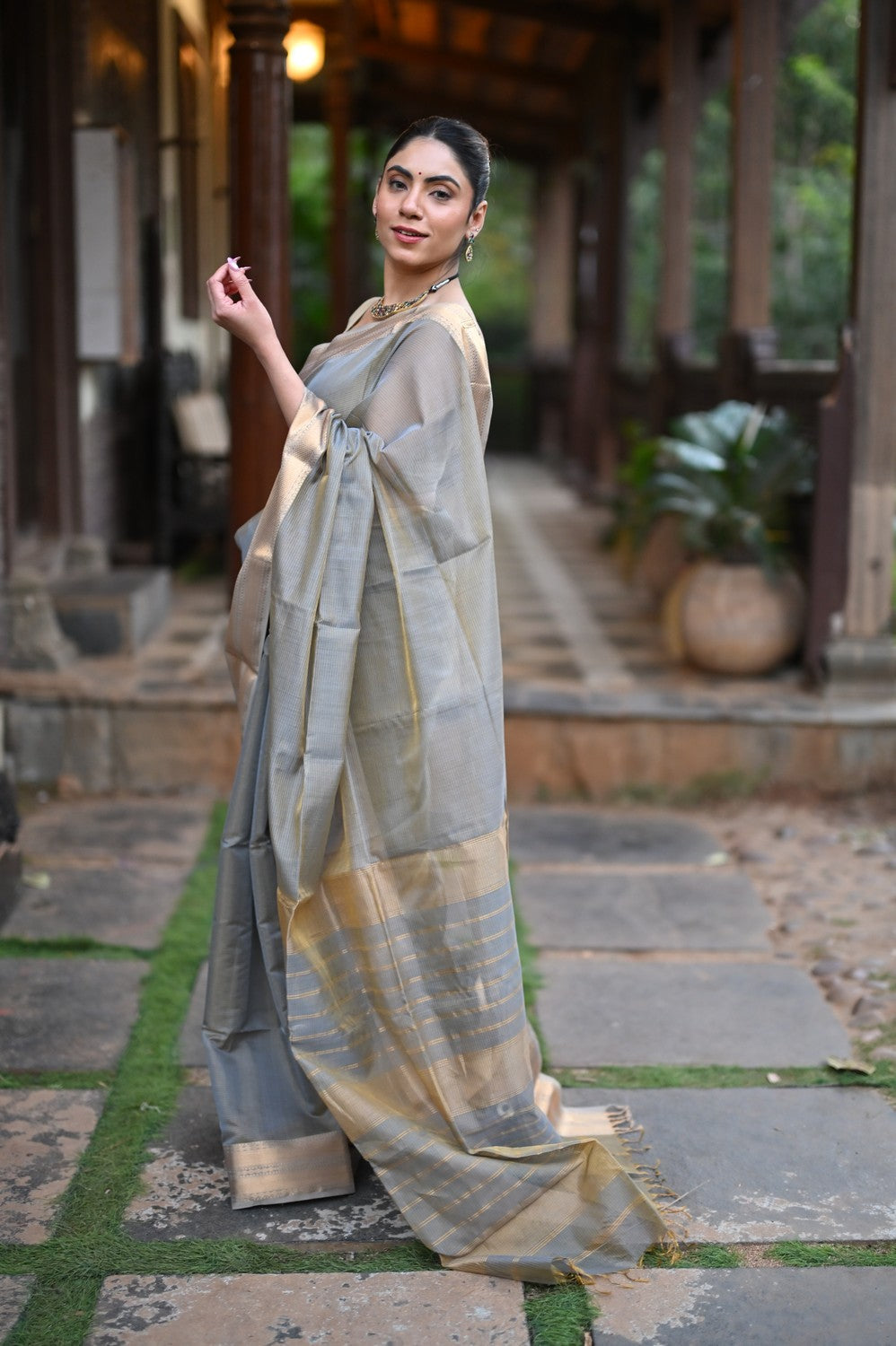 Tarang Handloom Tissue Cotton Silk Saree Gold Grey Designer Border