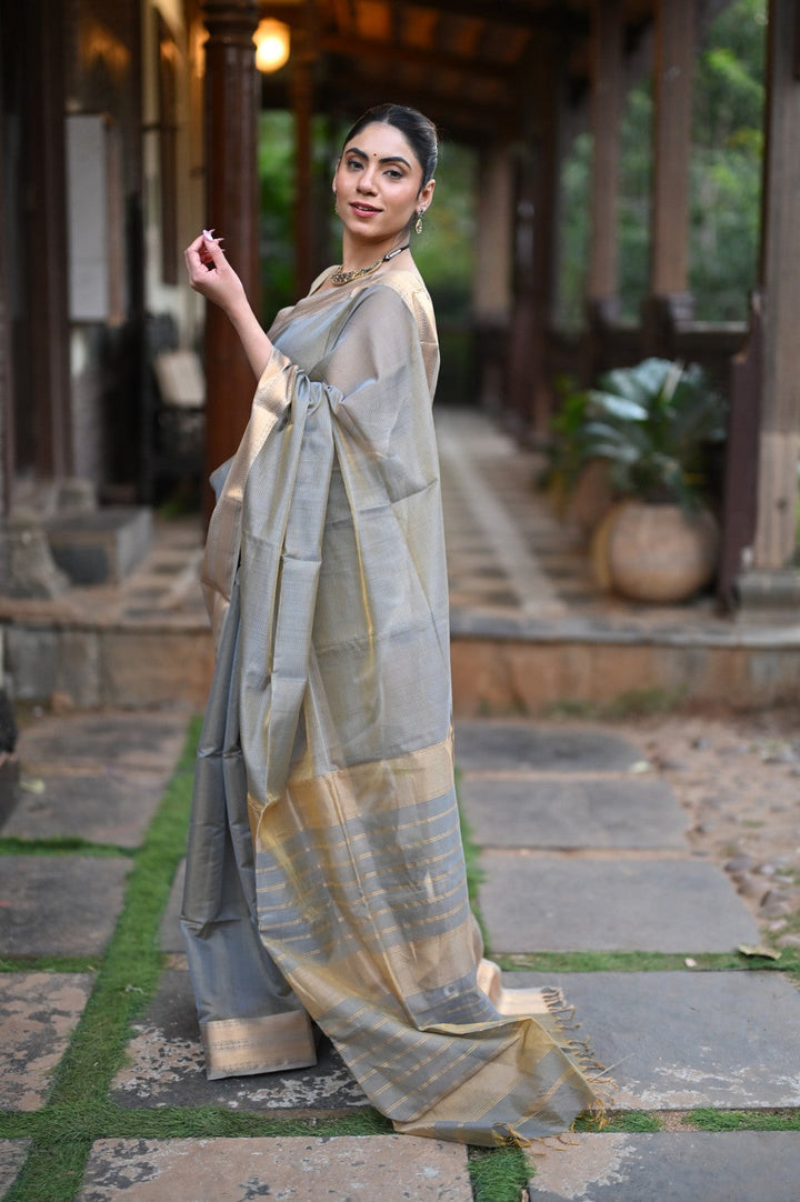 Tarang Handloom Tissue Cotton Silk Saree Gold Grey Designer Border