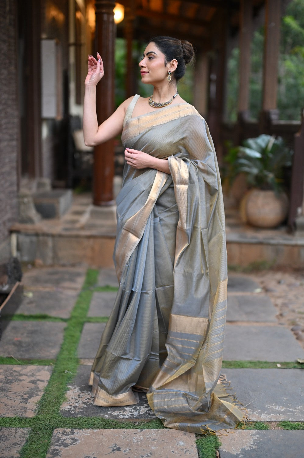 Tarang Handloom Tissue Cotton Silk Saree Gold Grey Designer Border