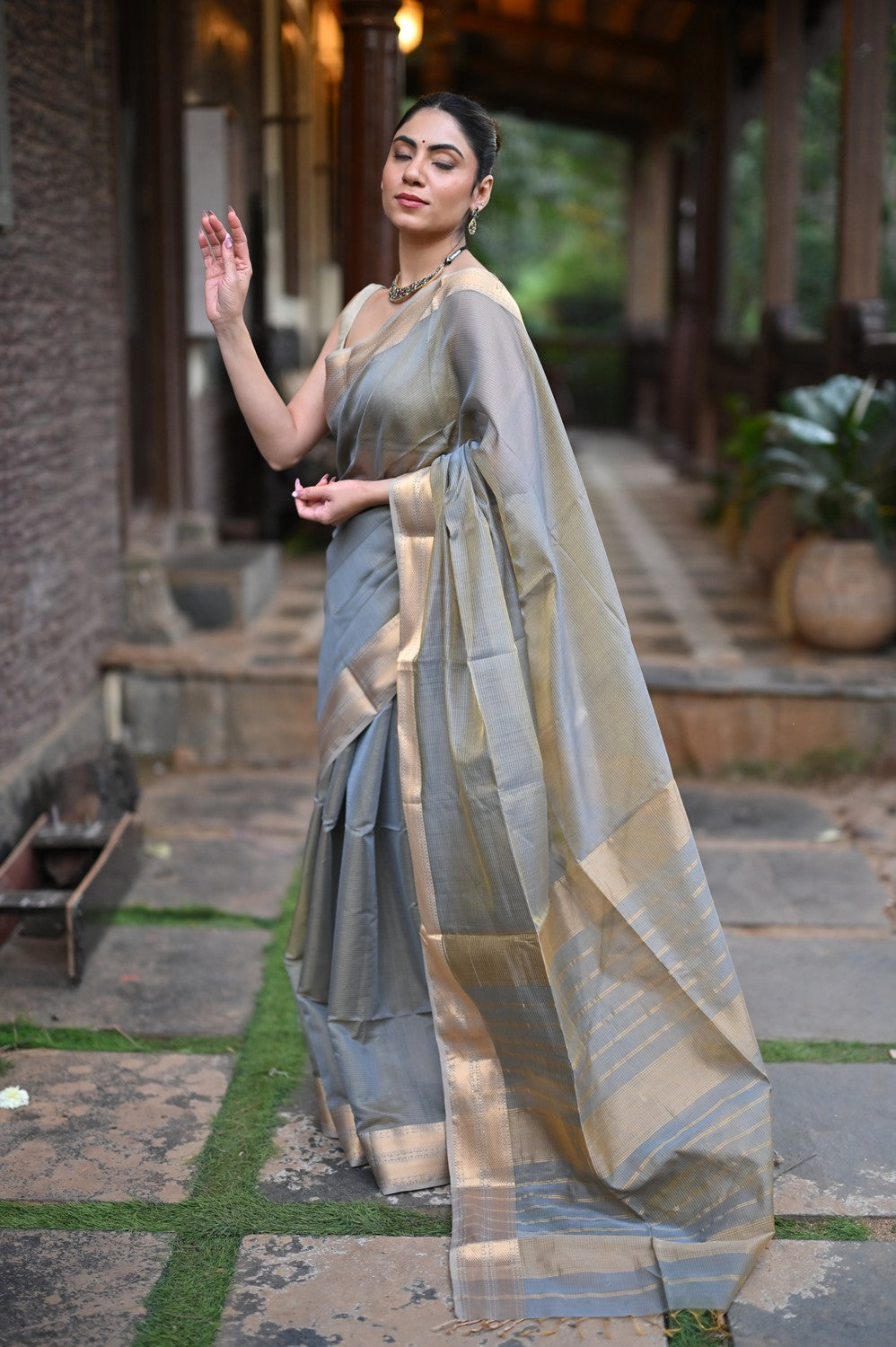 Tarang Handloom Tissue Cotton Silk Saree Gold Grey Designer Border
