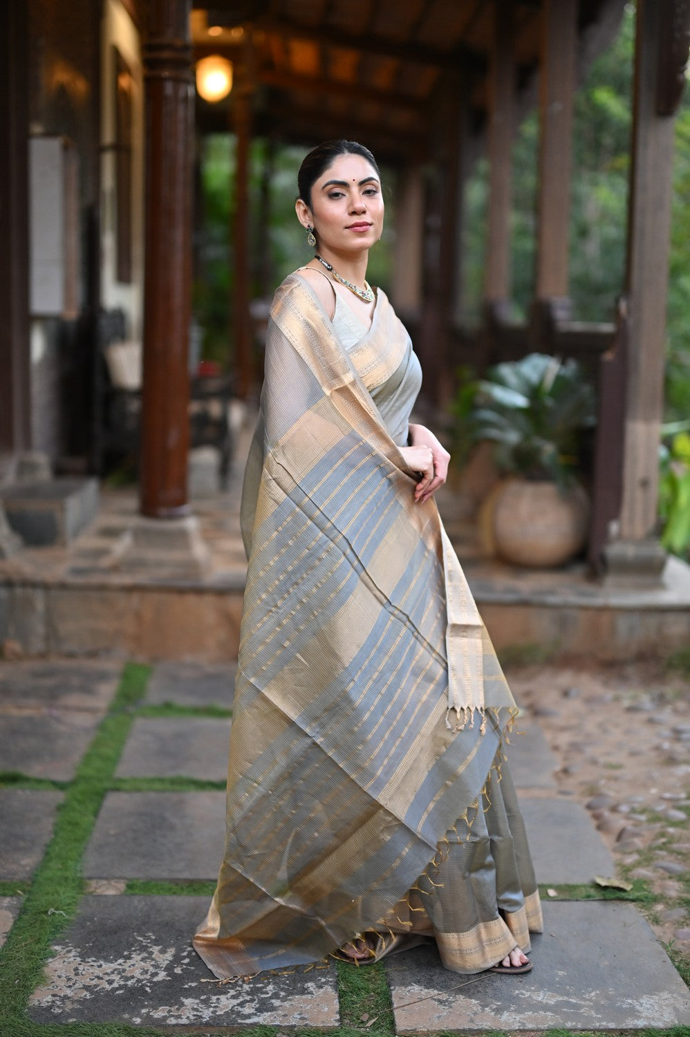 Tarang Handloom Tissue Cotton Silk Saree Gold Grey Designer Border