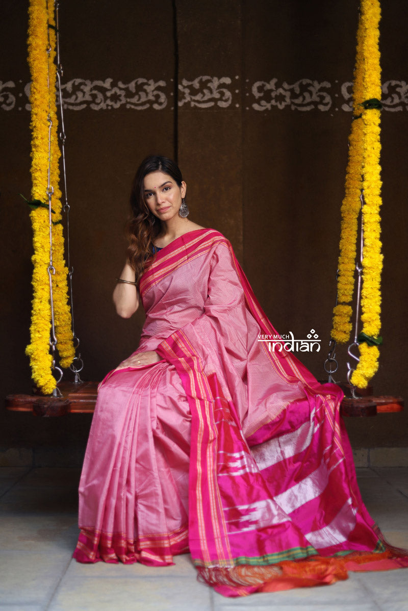 Handloom Cotton Silk Ilkal Saree with Pure Resham Pallu Pink