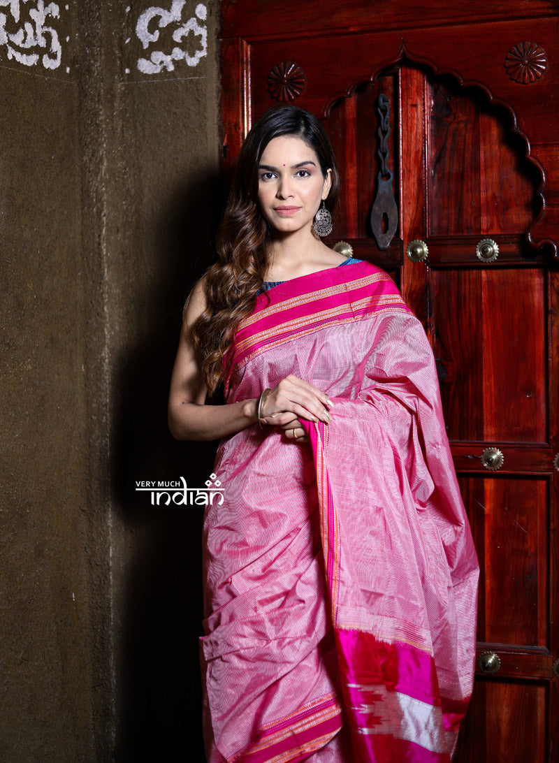 Handloom Cotton Silk Ilkal Saree with Pure Resham Pallu Pink